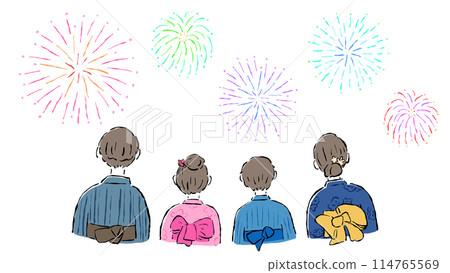 穿著浴衣的家庭後視圖、煙火、夏日祭品、簡單的手繪插畫 114765569