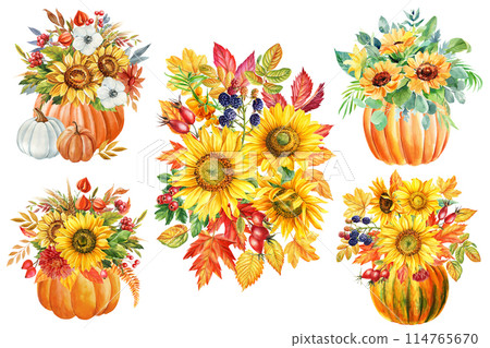 Pumpkin, sunflower flowers, leaves Watercolor. Vintage Fall botanical painting. Hand-painted autumn illustration clipart 114765670