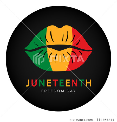 Black circle icon with colored lips and text Juneteenth. Celebration of Juneteenth, Freedom day. Flat design. Great for t-shirt or badge design. Vector illustration 114765854