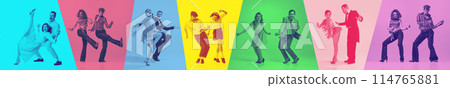 Dynamic collage. Group of young, cheerful people wearing retro fashion style clothes dancing in motion. Duotone filter. Dynamic collage. Group of young, cheerful people wearing retro fashion style clothes dancing in motion. Duotone filter. 114765881