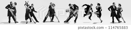 Dynamic collage. Talented couple of dancers in vintage stage evening attires dancing tango in black and white filter. 114765883