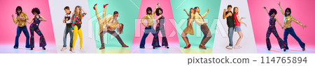 Dynamic collage. Group of young, cheerful people wearing retro fashion style clothes dancing against colorful background. 114765894