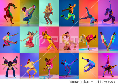 Dynamic collage. Talented young people, dancers, men and woman, dancing in freestyle in motion in neon light. Dynamic collage. Talented young people, dancers, men and woman, dancing in freestyle in motion in neon light. 114765905