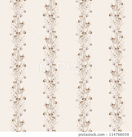 Watercolor seamless pattern floral delicate pastel vintage green violet purple brown bouquet. Hand drawn illustration isolated on white background. Flower and leaves composition for textile Watercolor seamless pattern floral delicate pastel vintage green violet purple brown bouquet. Hand drawn illustration isolated on white background. Flower and leaves composition for textile 114766039