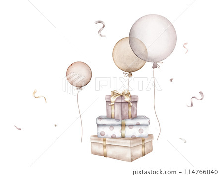 Watercolor Air Balloons and exploding confetti on isolated background. Hand drawn illustration for greeting cards stack of gift boxes with bows for New Year and birthday pastel colors. 114766040