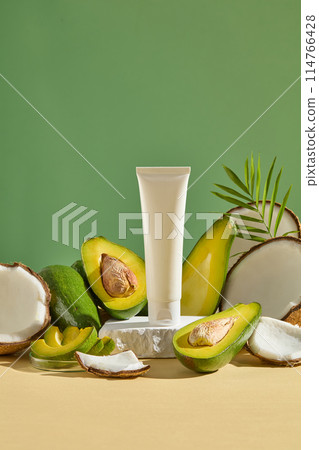 Unbranded tube placed on a stone podium, surrounded by lots of coconut and avocado cut in slices and halves. Container packaging of skin care branding Unbranded tube placed on a stone podium, surrounded by lots of coconut and avocado cut in slices and halves. Container packaging of skin care branding 114766428