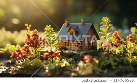 A small model of a toy country house against the backdrop of nature. The concept of real estate outside the city in a mortgage, a loan for housing. AI generated 114766556