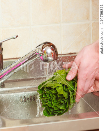 man washing fresh vegetables in kitchen 114766831
