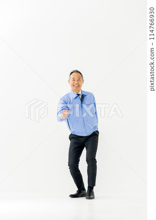 Man in work clothes jumping vertical Man in work clothes jumping vertical 114766930