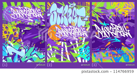 Trendy Hip Hop Urban Street Art Graffiti Style Basketball Vector Illustration A4 Poster Template 114766959