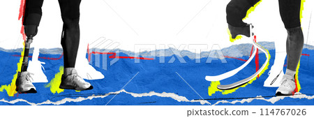 Cropped image of male legs with a prosthetic leg. Male runner taking part in training. Contemporary art collage. Cropped image of male legs with a prosthetic leg. Male runner taking part in training. Contemporary art collage. 114767026