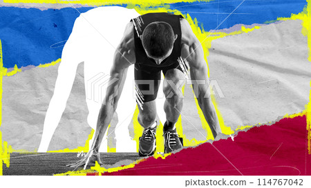 Muscular man standing on starting line and ready to run, taking part in running marathon. Contemporary art collage. Muscular man standing on starting line and ready to run, taking part in running marathon. Contemporary art collage. 114767042