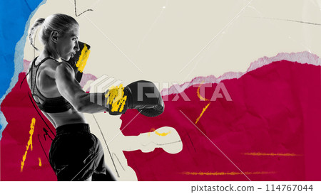 Focused and determined woman, boxing athlete in gloves showing s motivation to win. Abstract background. Contemporary art collage. Focused and determined woman, boxing athlete in gloves showing s motivation to win. Abstract background. Contemporary art collage. 114767044
