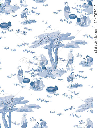 Seamless pattern vector illustration in Blue Monotone. Women and Children Harvesting Korean Edible Wild Plants on a Warm Spring Day Seamless pattern vector illustration in Blue Monotone. Women and Children Harvesting Korean Edible Wild Plants on a Warm Spring Day 114767045