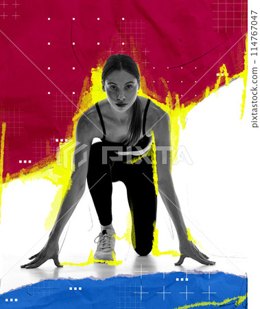 Starting line,Focused and motivated girl, runner getting ready for a run and take part in marathon. Contemporary art collage. Starting line,Focused and motivated girl, runner getting ready for a run and take part in marathon. Contemporary art collage. 114767047