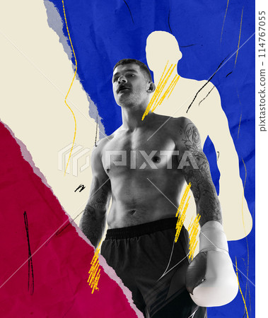 Shirtless muscular man, boxing athlete in gloves showing readiness to fight and win. Abstract background. Contemporary art collage. Shirtless muscular man, boxing athlete in gloves showing readiness to fight and win. Abstract background. Contemporary art collage. 114767055