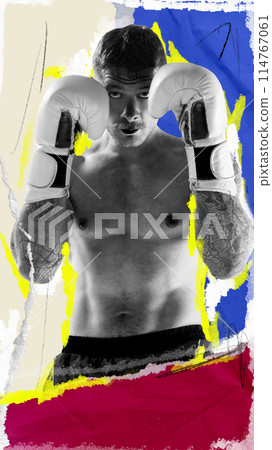 Shirtless concentrated man, boxing athlete in gloves standing defending stance, ready to fight against abstract background. Contemporary art collage. 114767061