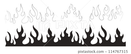 Flame neo tribal tattoo y2k hot print line and silhouette retro ornament collection. Fire set design elements isolated on white Flame neo tribal tattoo y2k hot print line and silhouette retro ornament collection. Fire set design elements isolated on white 114767315