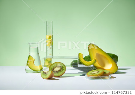 A stack of two glass podium in rectangle shaped featured with fresh kiwis and avocados. Front view. Science laboratory research and development concept A stack of two glass podium in rectangle shaped featured with fresh kiwis and avocados. Front view. Science laboratory research and development concept 114767351