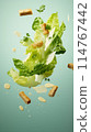 A Caesar salad with lettuce, croutons, and dressing is floating through the air 114767442