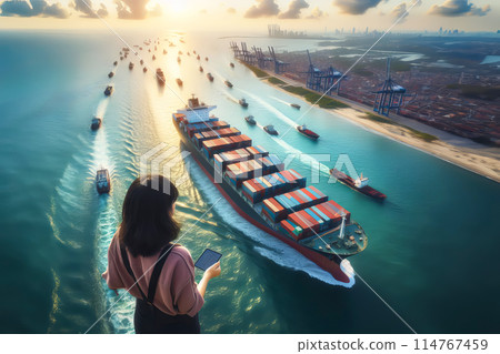 woman standing in front of container ship woman standing in front of container ship 114767459
