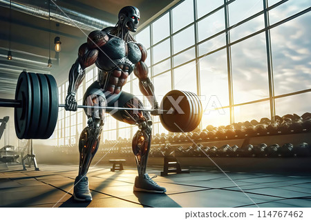 muscular young man lifting barbell in gym 114767462