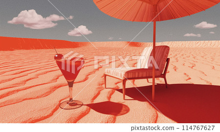 Desert Misplacement: Beach Chair and Umbrella in the Sand 114767627