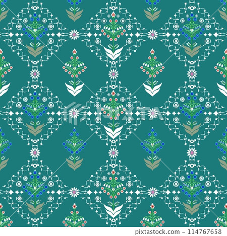 This green floral ethnic pattern enhances the beauty of white and red flowers, creating a soft and elegant image. Ethnic Designed for the textile industry, this pattern combines vibrant colors This green floral ethnic pattern enhances the beauty of white and red flowers, creating a soft and elegant image. Ethnic Designed for the textile industry, this pattern combines vibrant colors 114767658