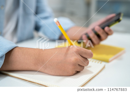 Teenage write in notebook and use mobile phone search data online to online learning university education. 114767883