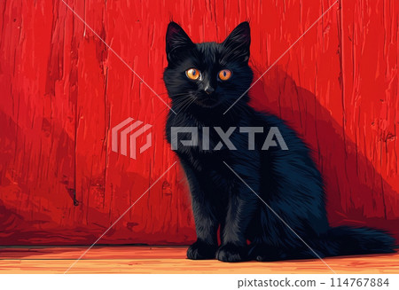 Black cat in front of a red wall 114767884