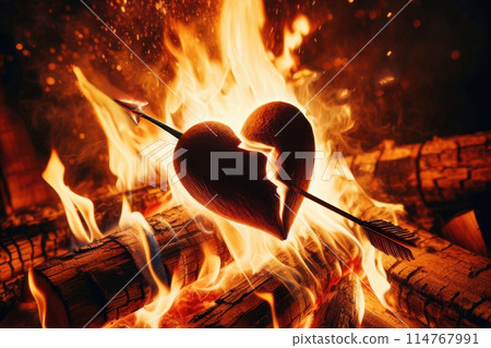 burning wood in fireplace 114767991