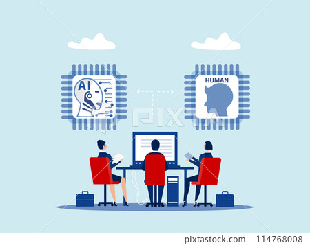 Business analysis for confirm between AI artificial intelligence vs human via robot and people. Vector illustrate. Business analysis for confirm between AI artificial intelligence vs human via robot and people. Vector illustrate. 114768008