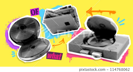 Poster. Contemporary art collage. Vintage electronic devices in black and white against yellow background. Cartoonish art style. Poster. Contemporary art collage. Vintage electronic devices in black and white against yellow background. Cartoonish art style. 114768062
