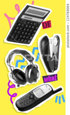 Poster. Contemporary art collage. Calculator, headphones, stapler, and cell phone against yellow background. Cartoonish art style. Poster. Contemporary art collage. Calculator, headphones, stapler, and cell phone against yellow background. Cartoonish art style. 114768064
