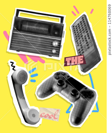 Poster. Contemporary art collage. Radio, remote control, cell phone, and video game controller in cartoonish art style. Poster. Contemporary art collage. Radio, remote control, cell phone, and video game controller in cartoonish art style. 114768069