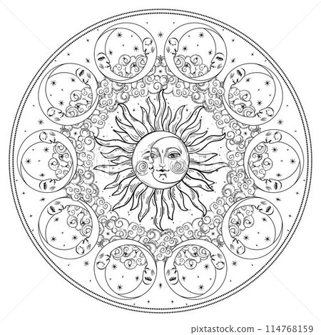 Heavenly coloring book with sun, moon, clouds and stars, line drawing for adults, magic mandala for meditation and calm. Universe vector illustration isolated on white background. Heavenly coloring book with sun, moon, clouds and stars, line drawing for adults, magic mandala for meditation and calm. Universe vector illustration isolated on white background. 114768159