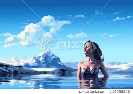 young woman in natural hot spring in winter illustration 114768206