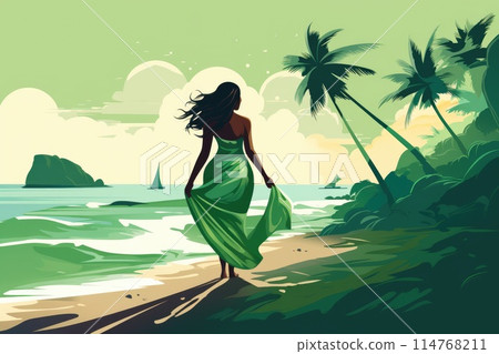 woman in green dress on tropical beach illustration 114768211