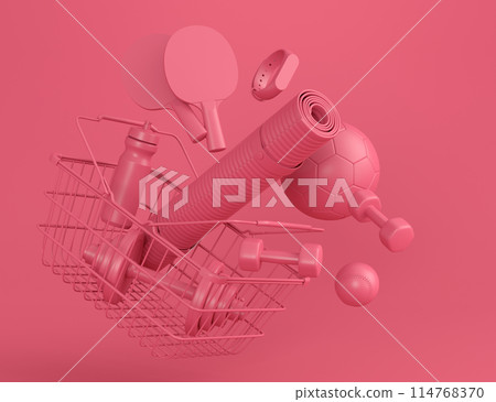 Sport equipment for fitness, gym in shopping basket on monochrome 114768370