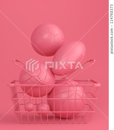 Set of ball like basketball, football and golf in shopping basket on monochrome 114768373