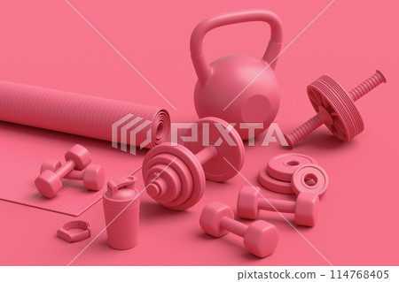 Isometric view of sport equipment like kettlebell, fitness ball and yoga mat 114768405