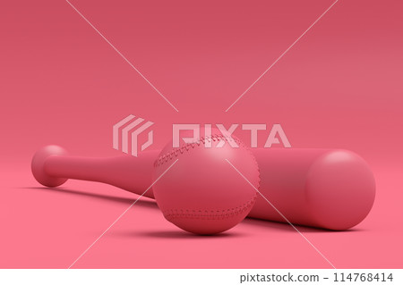 Wooden professional softball or baseball bat and ball on monochrome background Wooden professional softball or baseball bat and ball on monochrome background 114768414