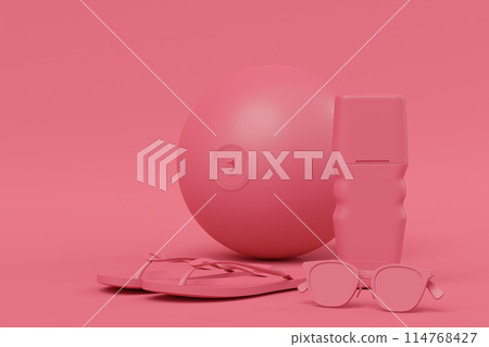 Set of beach accessories like flip flops, sunglasses and ball on monochrome Set of beach accessories like flip flops, sunglasses and ball on monochrome 114768427