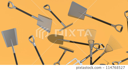 Many of flying garden shovel, pitchfork and rake on yellow background Many of flying garden shovel, pitchfork and rake on yellow background 114768527