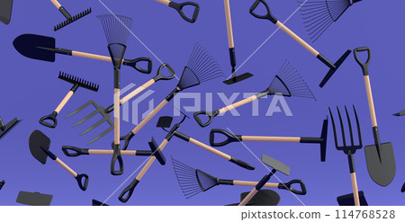 Many of flying garden shovel, pitchfork and rake on violet background Many of flying garden shovel, pitchfork and rake on violet background 114768528