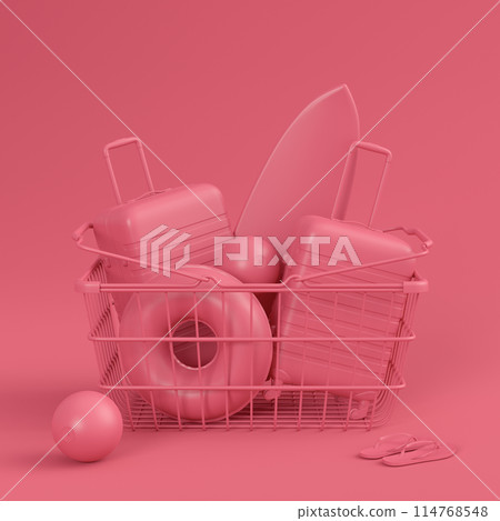 Colorful luggage with beach accessories and shopping basket on monochrome 114768548