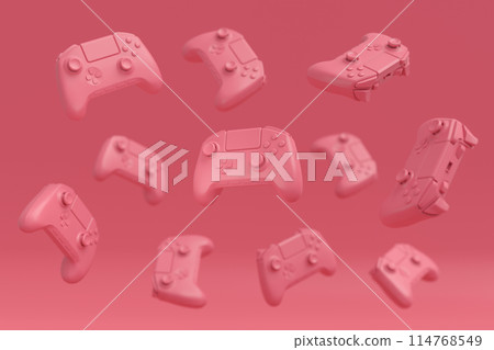 Set of flying gamer joysticks or gamepads on monochrome background 114768549
