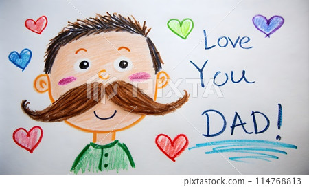 Heartwarming Father's Day Drawing: Child's Sketch of Dad with Loving Message, Banner, Poster, Flyer, Background, Gift Heartwarming Father's Day Drawing: Child's Sketch of Dad with Loving Message, Banner, Poster, Flyer, Background, Gift 114768813