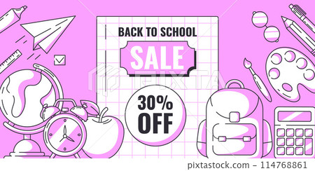 Back to school sale minimalist banner with discount, school supplies, stationery. Education, learning, selling concept. Vector horizontal poster for web, social media, advertising, business. Back to school sale minimalist banner with discount, school supplies, stationery. Education, learning, selling concept. Vector horizontal poster for web, social media, advertising, business. 114768861