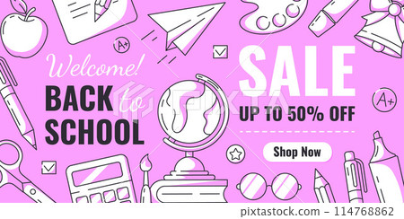 Welcome back to school sale minimalist banner with discount, school supplies, stationery. Education, learning, selling concept. Vector horizontal poster for web, social media, advertising, business. Welcome back to school sale minimalist banner with discount, school supplies, stationery. Education, learning, selling concept. Vector horizontal poster for web, social media, advertising, business. 114768862